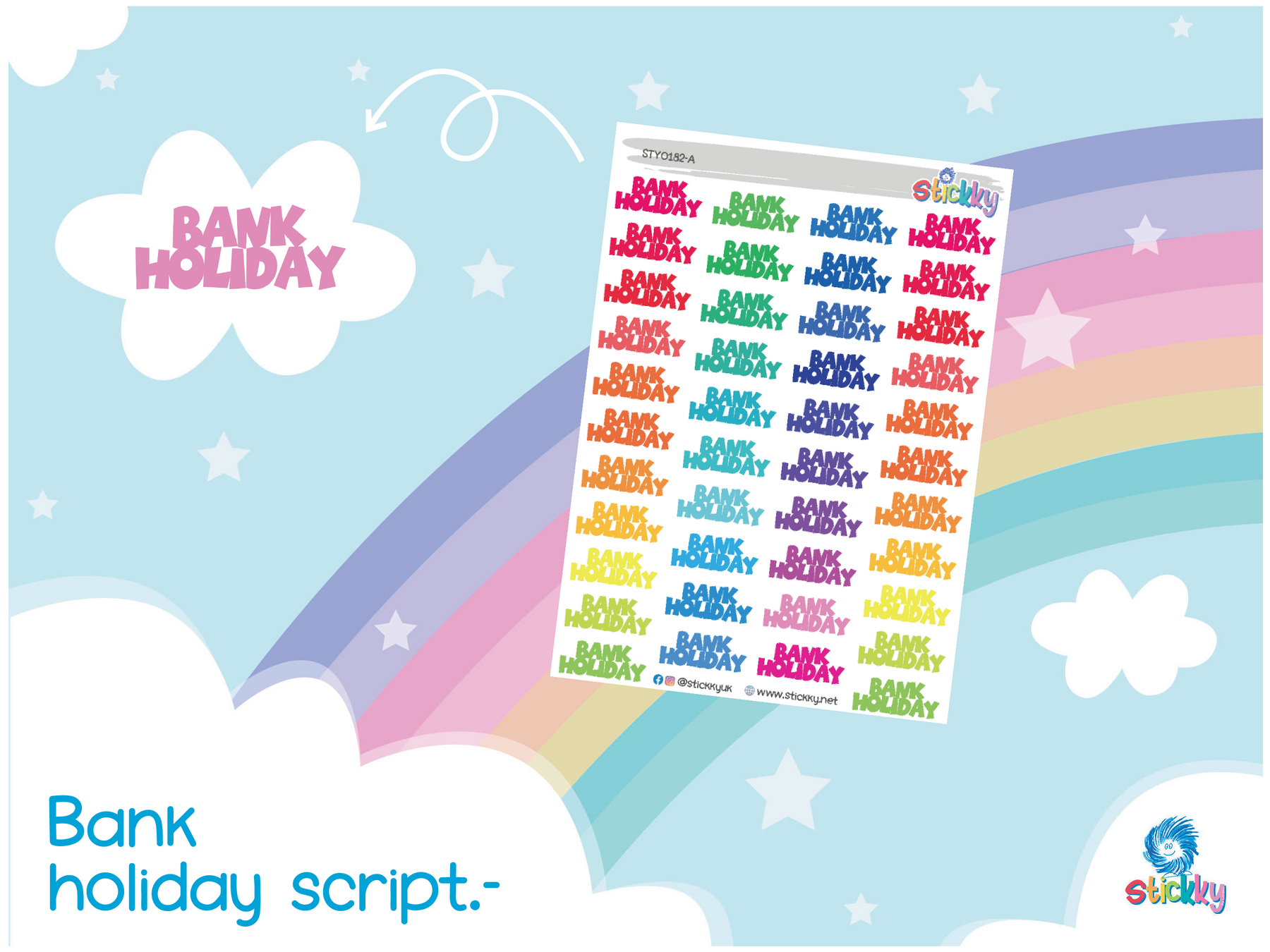 Bank Holiday Script — Rainbow Kawaii Planner Stickers | Stickky