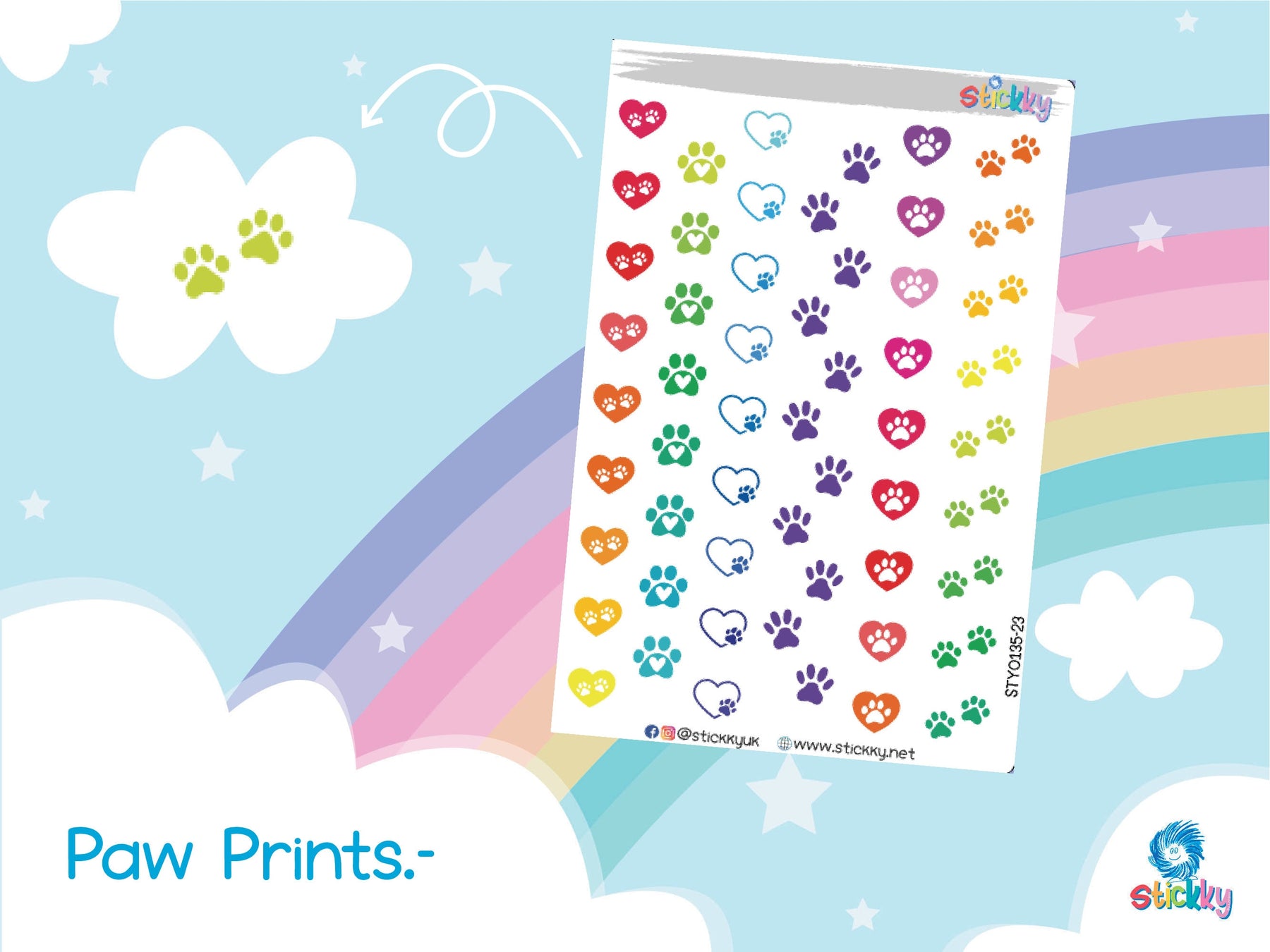 Cute Paw Prints Stickers Sheet.-