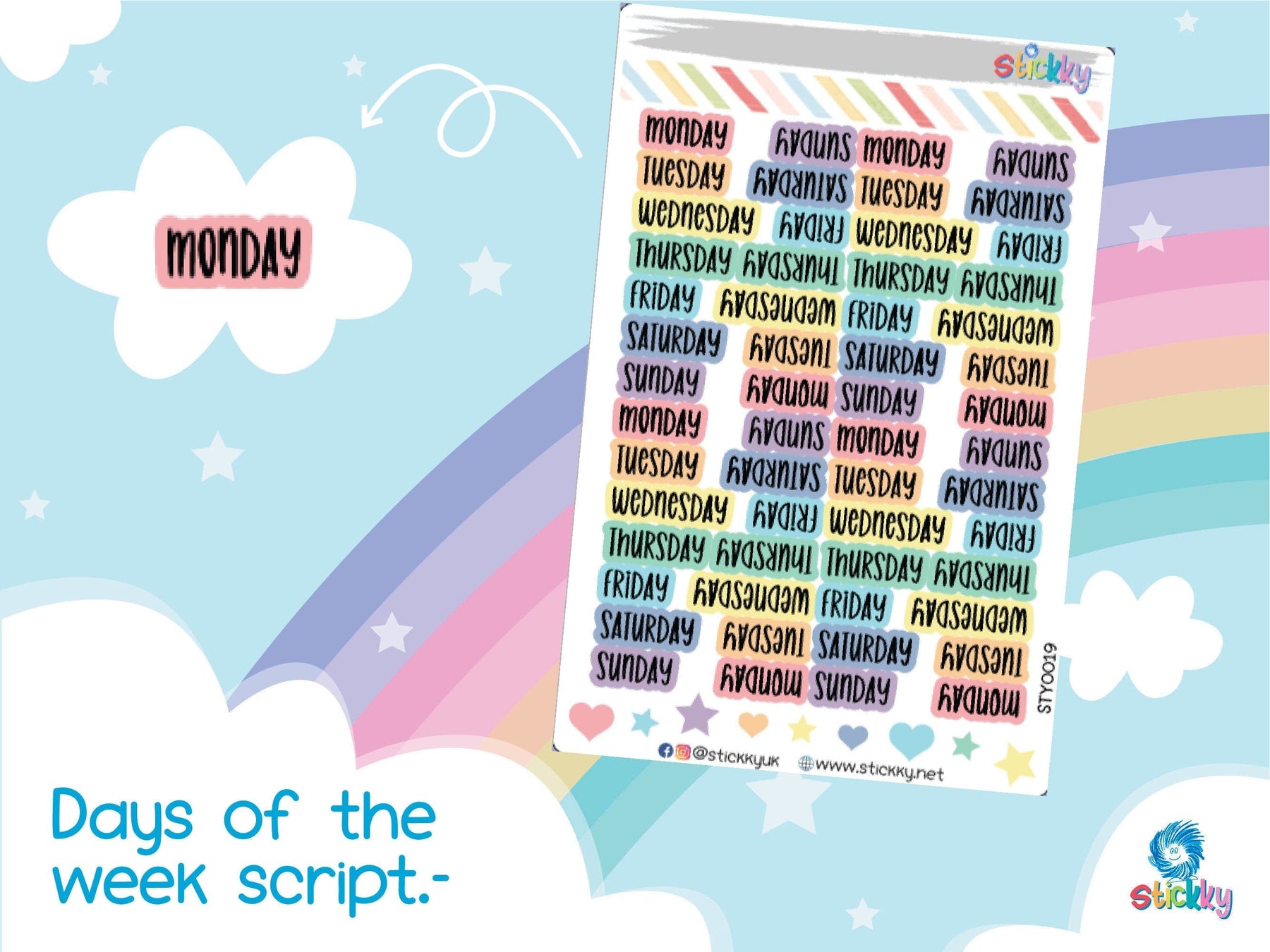 Days of the Week Script Planner Stickers Sheet