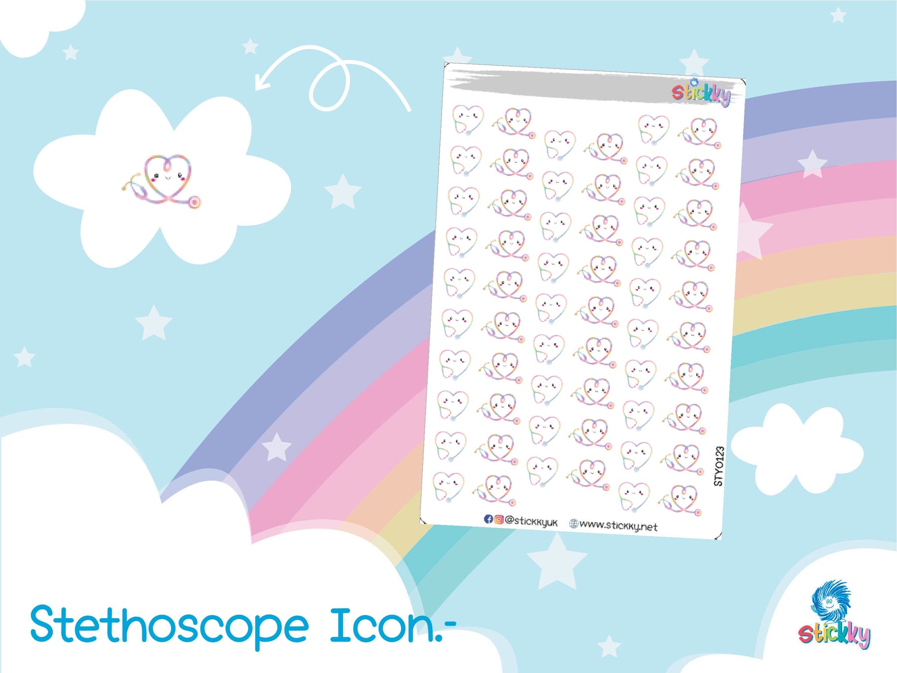 Cute Stethoscope GP Doctor Appointment Stickers Sheet.-