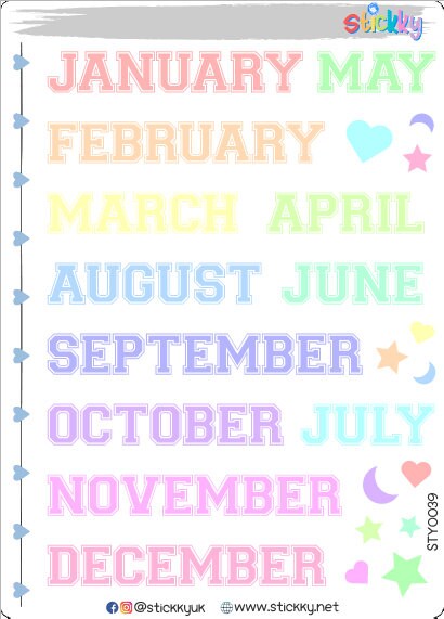 College Months of the Year Script Planner Stickers Sheet.-