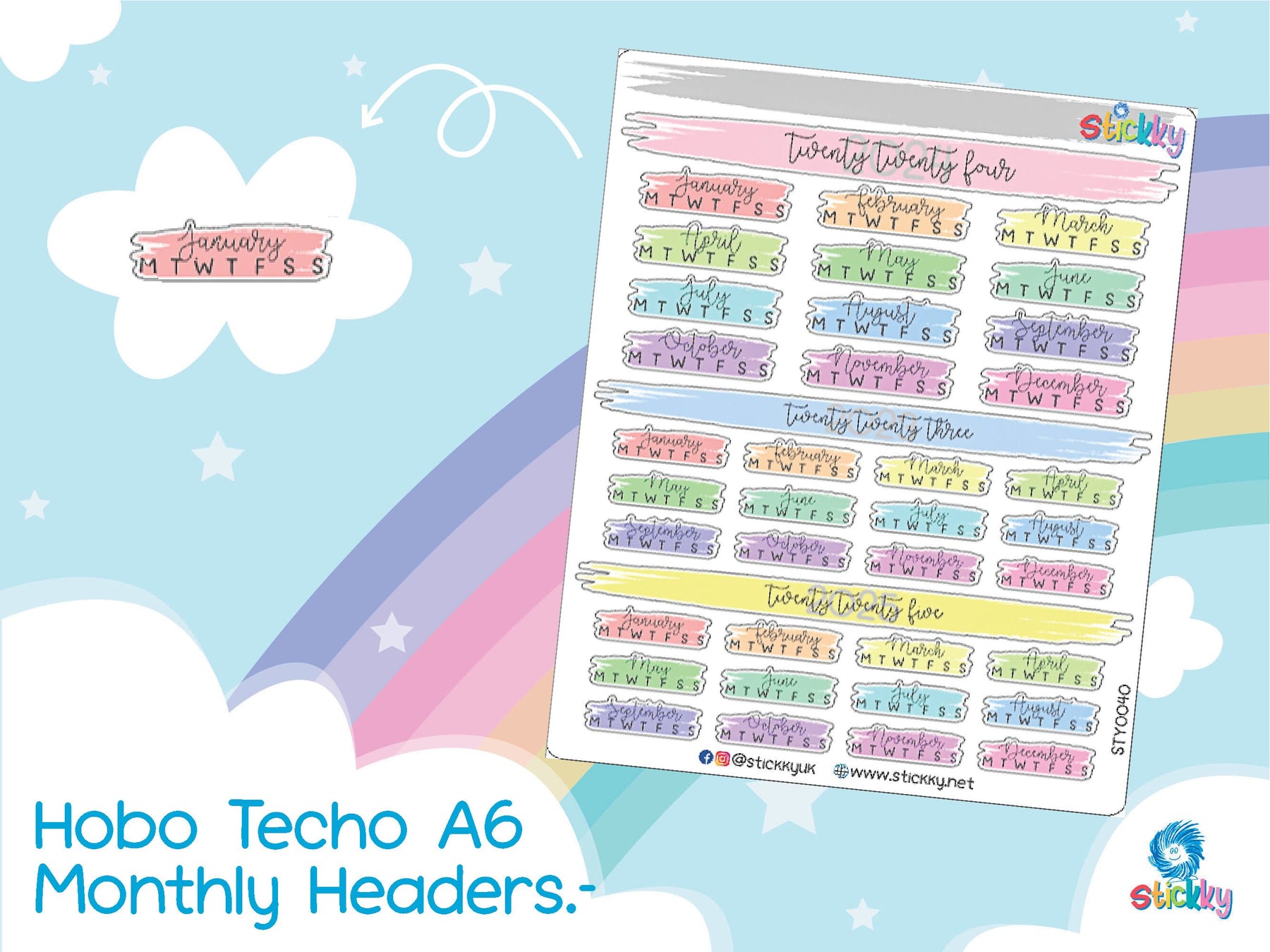 Cute 2025 Year View Hobonichi, Monthly Headers, Year At A Glance, Hobo Yearly Overlay Stickers - 2024-2025-2026 Calendar Stickers.-