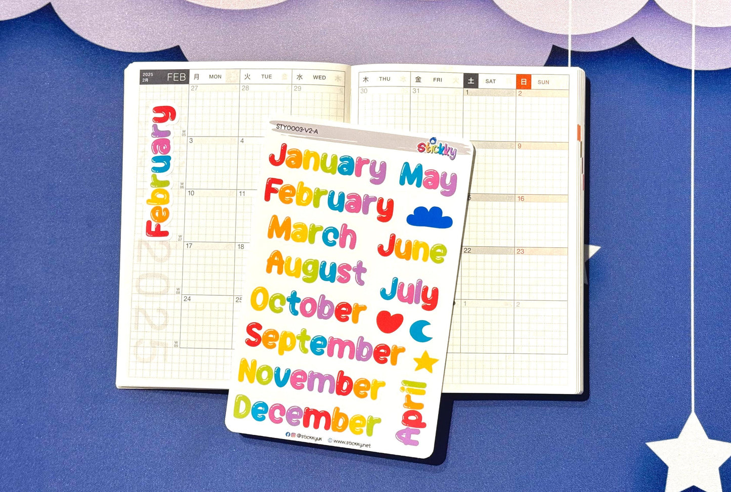 Rainbow Months of the Year Script Planner Stickers Sheet-V2-A