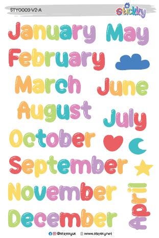 Rainbow Months of the Year Script Planner Stickers Sheet-V2-A