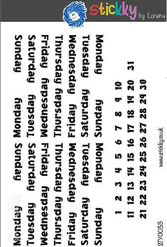 A Full Month of 7 Days of the Week Script and Numbers in B&W Stickers Sheet for Planners and Journals.-