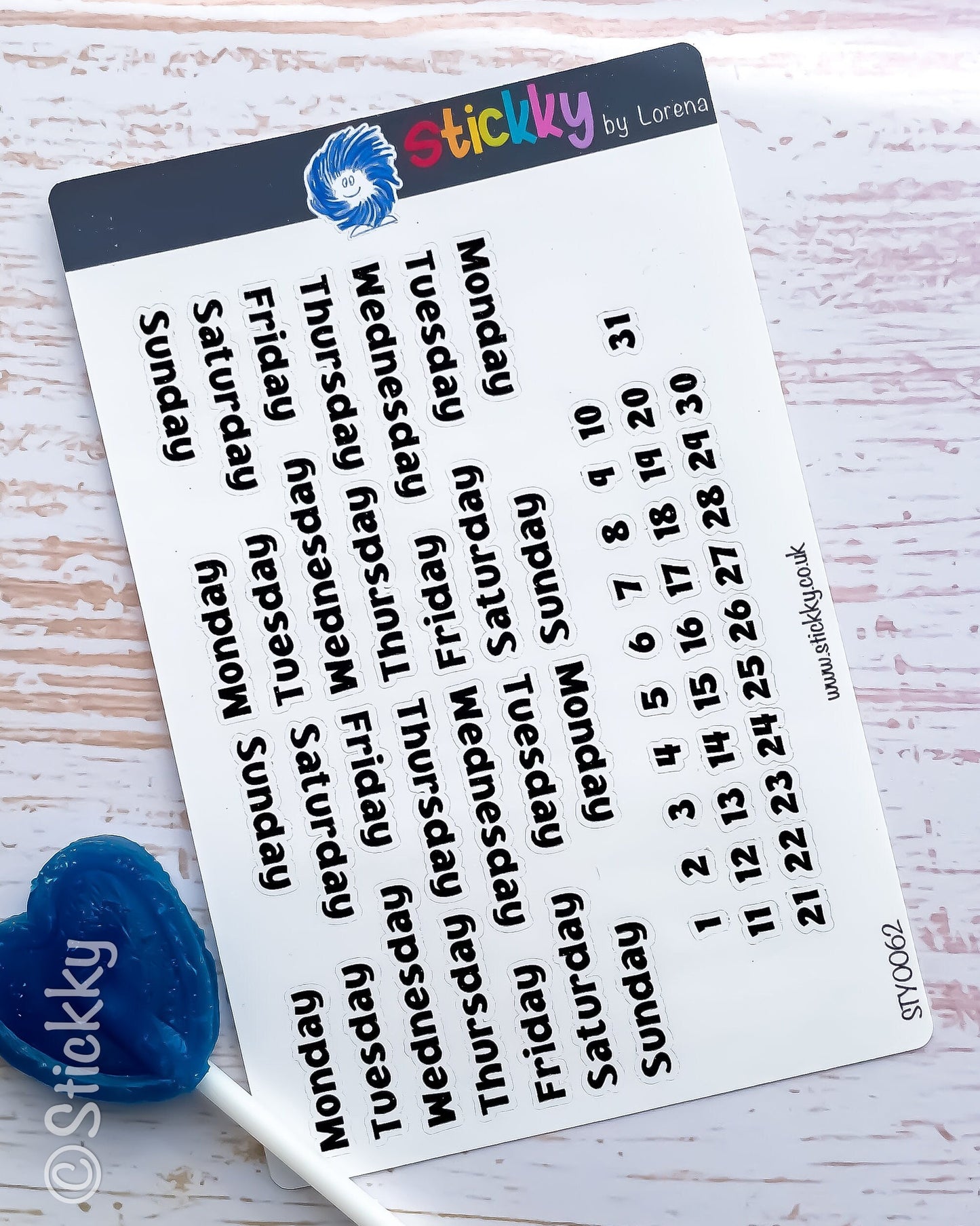 A Full Month of 7 Days of the Week Script and Numbers in B&W Stickers Sheet for Planners and Journals.-