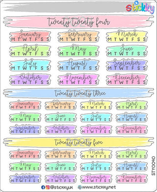 Cute 2025 Year View Hobonichi, Monthly Headers, Year At A Glance, Hobo Yearly Overlay Stickers - 2024-2025-2026 Calendar Stickers.-