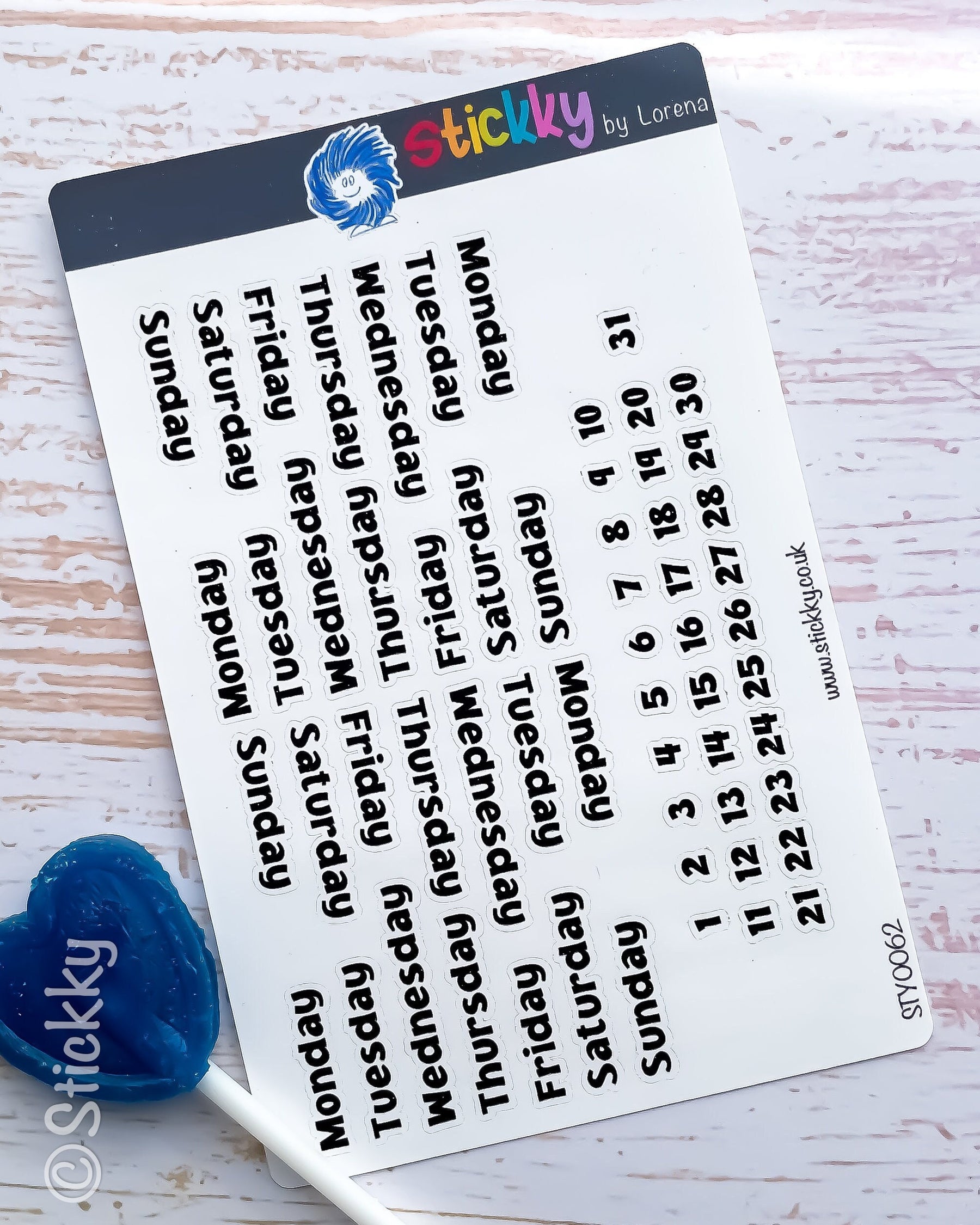 A Full Month of 7 Days of the Week Script and Numbers in B&W Stickers Sheet for Planners and Journals.-