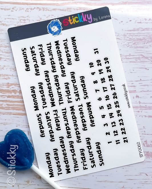 A Full Month of 7 Days of the Week Script and Numbers in B&W Stickers Sheet for Planners and Journals.-